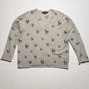 SKULL CASHMERE‎ V-Neck Gray Skull Pattern Cashmere Sweater Dropped Shoulder M